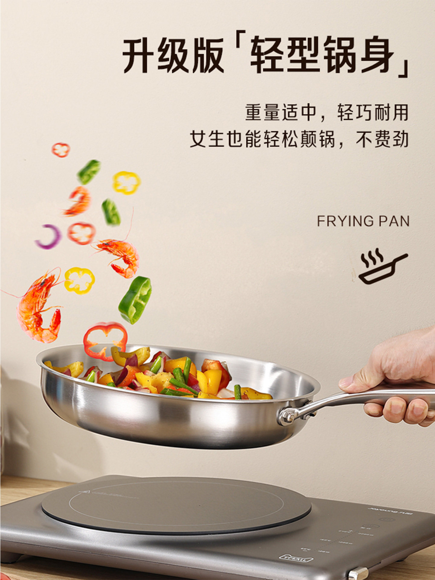 2026 New Model Non-Coated Stainless Steel Frying Pan for Home Use, Flat-Bottomed Steak Frying Pan, Wok, Suitable for Gas and Induction Cookers