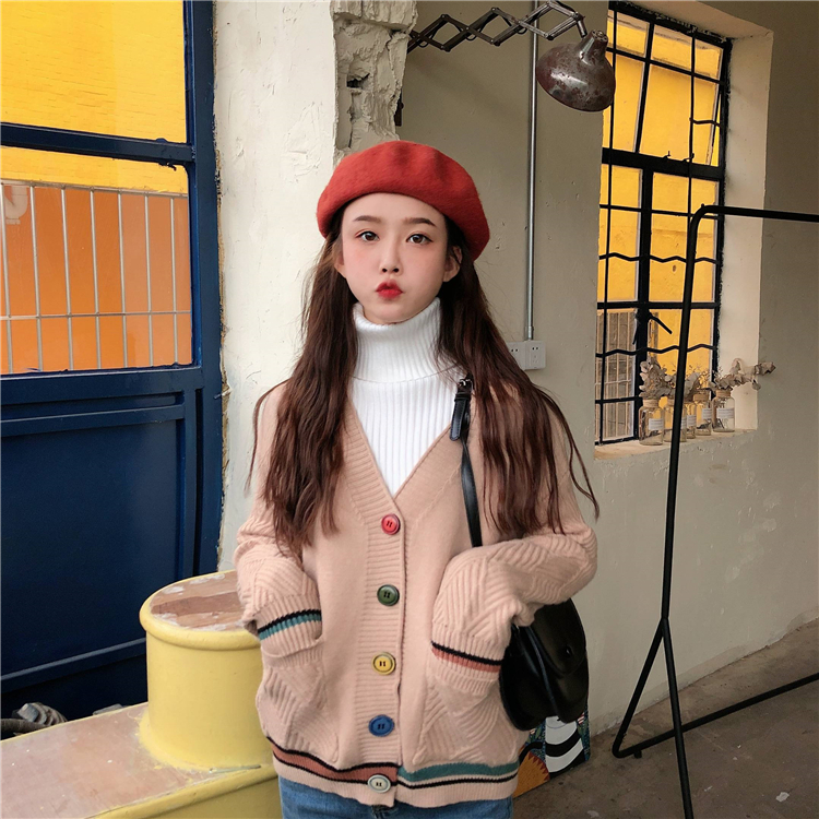 VK旗艦店 韓國學院秋冬彩色扣針織單品外套