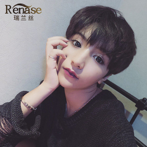 瑞兰丝女士假发短发真人发丝短直发微卷黑色时尚帅气圆脸2017新款