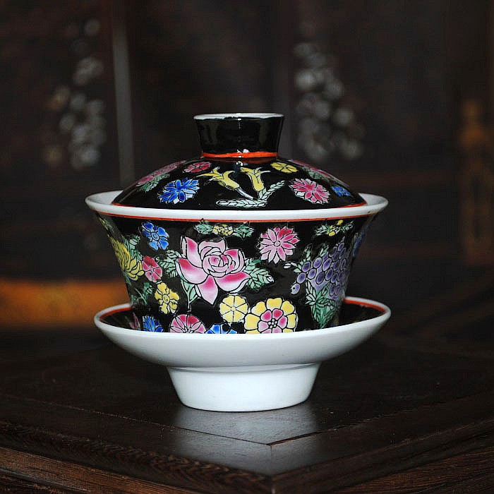 Jingdezhen Gốm Sứ Wenge Sứ Nhà Máy Hàng Hóa Đỏ Wanshou Wujiang Bìa Bát Vàng Xanh Retro Wedding Tea Set Cup Cup