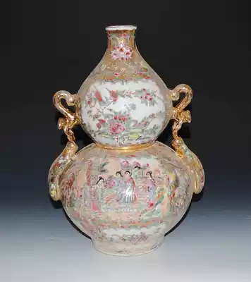 Jingdezhen Ceramic Cultural Revolution Porcelain Collection Ancient Porcelain Golden Wanhua Window Characters Flower and Bird with Ear Gourd Vase