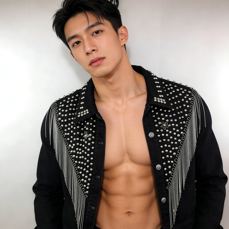 Spring and Autumn New Denim Jacket for Men and Women, Short Style with Heavy Beading and Tassel, Korean Version Stage Performance Jacket