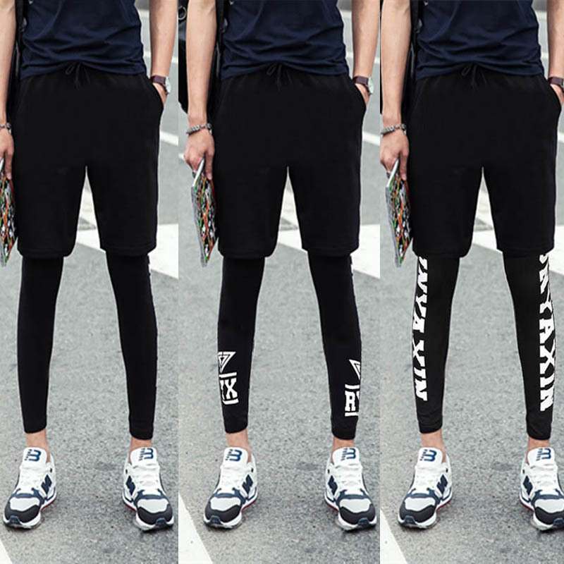 Sports Tights Men's Summer Thin Basketball Stockings High Elastic Compression Leggings Fitness Pants Fake Two-Piece Shorts