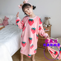 children's nightdress girls autumn winter coral fleece strawberry thickened flannel pajamas girls long home clothes