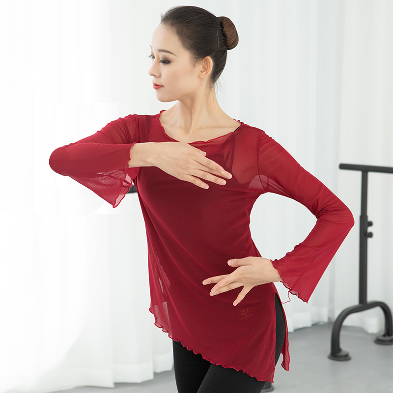 Red dance shoes elastic mesh gauze female adult outdoor training clothes dance clothes classical dance clothes 39504