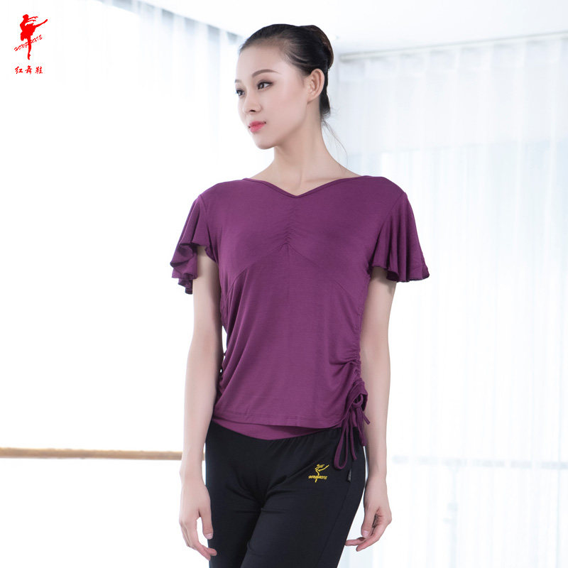 Red dance shoes mercerized cotton with lotus leaf sleeves on both sides, short-sleeved training clothes, dance clothes, yoga clothes 35209