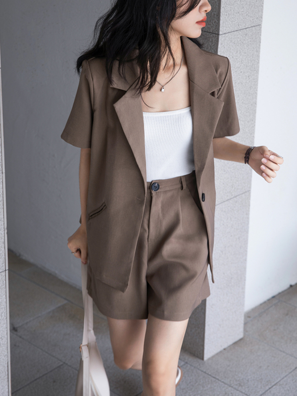 Short-Sleeved Blazer, Petite Gray Suit, Shorts, Casual Versatile Suit, Women's High-End Black Two-Piece Set