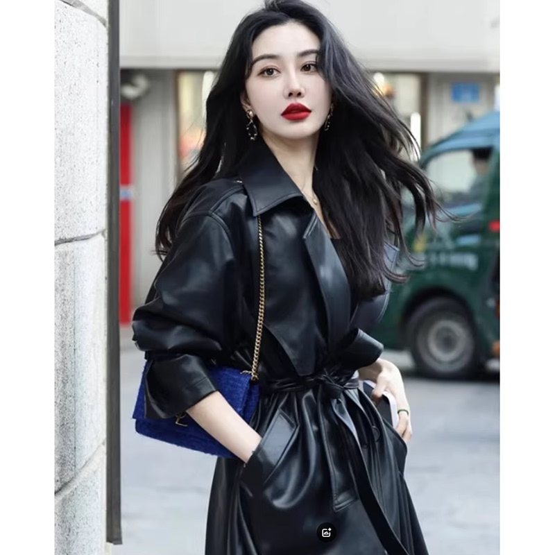 Black Long Pu Leather Jacket for Women, Cool and Stylish New Spring and Autumn High-End Elegant Mid-Length Slim Leather Trench Coat for Women
