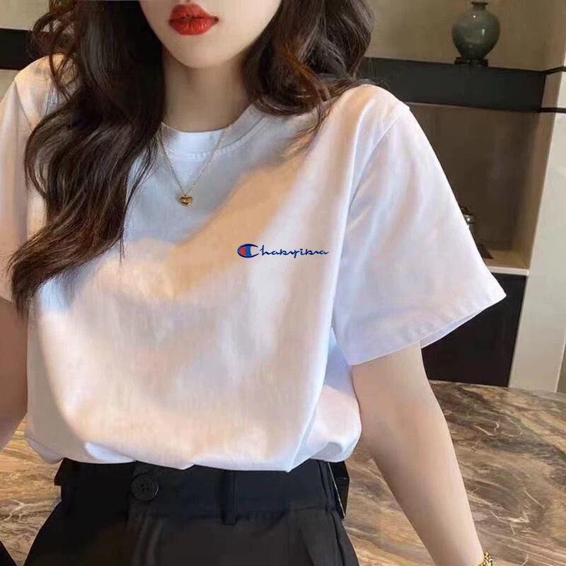 Oletes Short-Sleeve T-Shirt, Pure Cotton, Embroidered, Regular Shoulder, Solid Color, Loose Fit, Unisex, Slimming Style