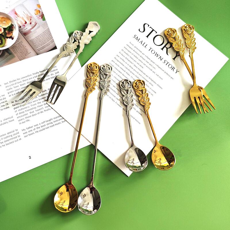 Creative 304 Stainless Steel Rose Spoon, Golden Coffee Spoon, Retro Rose Gold Long-Handled Spoon, Short Dessert Spoon Creative 304 Stainless Steel Rose Spoon, Golden Coffee Spoon, Retro Rose Gold Long-Handled Spoon, Short Dessert Spoon
