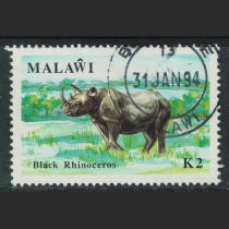 Malawi 1991 Wildlife 2K Black Rhinoceros Sold (1 stamped in different positions)
