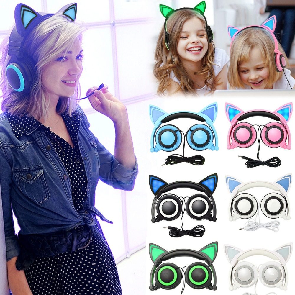 Cute cat ear luminous headset cartoon cat ear flash headset Children's elf mobile phone computer folding headset