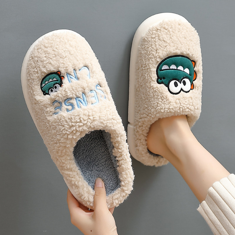 Wool cotton slippers female winter cute home 2021 new male adult cartoon dinosaur couple Korean half pack