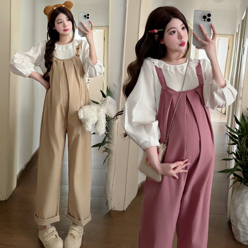 Maternity Overalls Autumn New Style Pleated Pink Casual Wide-Leg Jumpsuit + Shirt Two-Piece Set for Women Maternity Overalls Autumn New Style Pleated Pink Casual Wide-Leg Jumpsuit + Shirt Two-Piece Set for Women