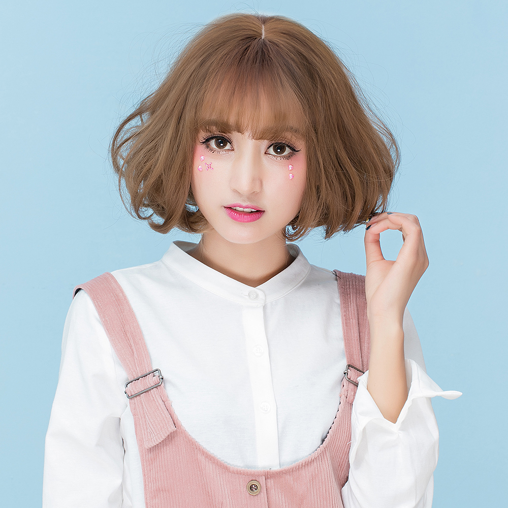 Wig Woman Short Hair Bobo Head Round Face Atmosphere Fringe Corn Scalding Orange Short Curly Hair Clavicle Hair Wool Volume Dreadlock Wigs Malaysian