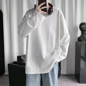 春秋季纯色长袖t恤男士重磅纯棉宽松打底衫白色体恤衣服男装ins潮