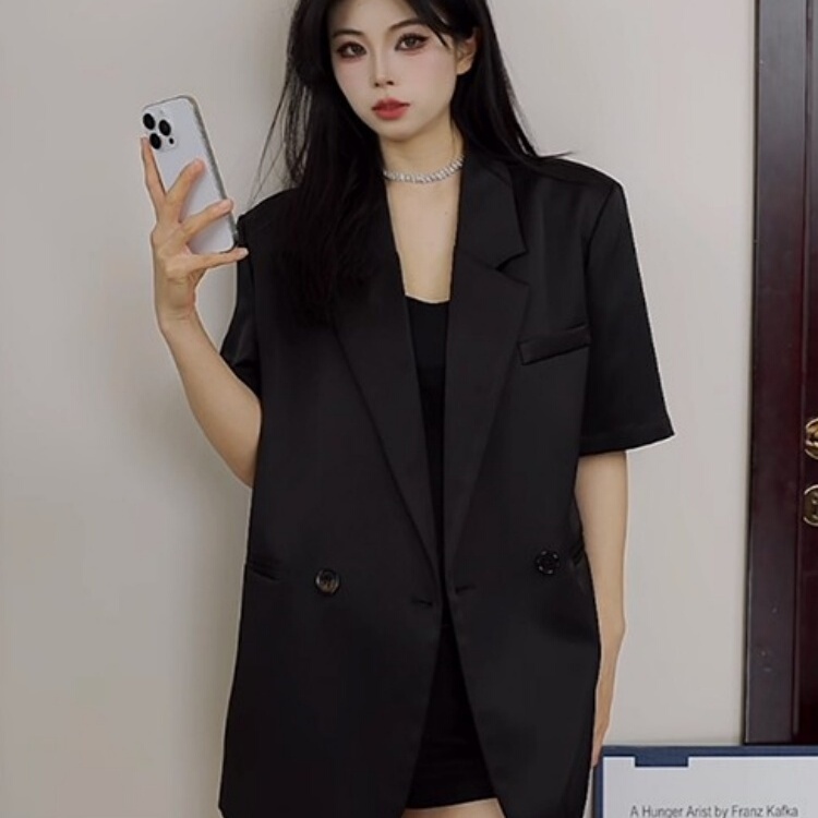 Short-Sleeved Acetate Blazer for Women, Thin Style, 2026 Summer New Model, High-End, Slimming, Casual, Loose-Fitting Black Suit