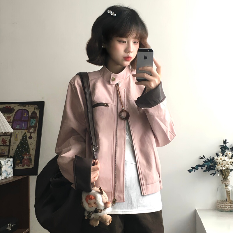 Pink Leather Jacket for Women, Short Style, 2026 Spring and Autumn New Style, Cool and Stylish, Color-Blocking Pu Leather Jacket for Petite Women