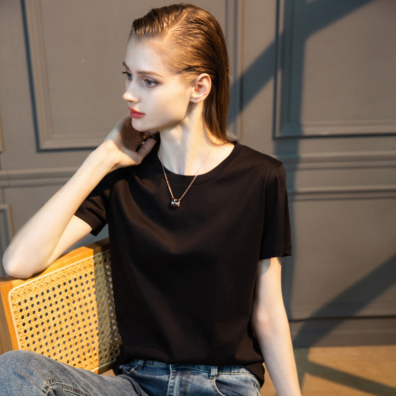 Light Luxury High-End Feel Mulberry Silk Modal Silk Cotton Regular Shoulder Round Neck Short Sleeve T-Shirt for Women, Summer Plus Size Black Top Light Luxury High-End Feel Mulberry Silk Modal Silk Cotton Regular Shoulder Round Neck Short Sleeve T-Shirt for Women, Summer Plus Size Black Top