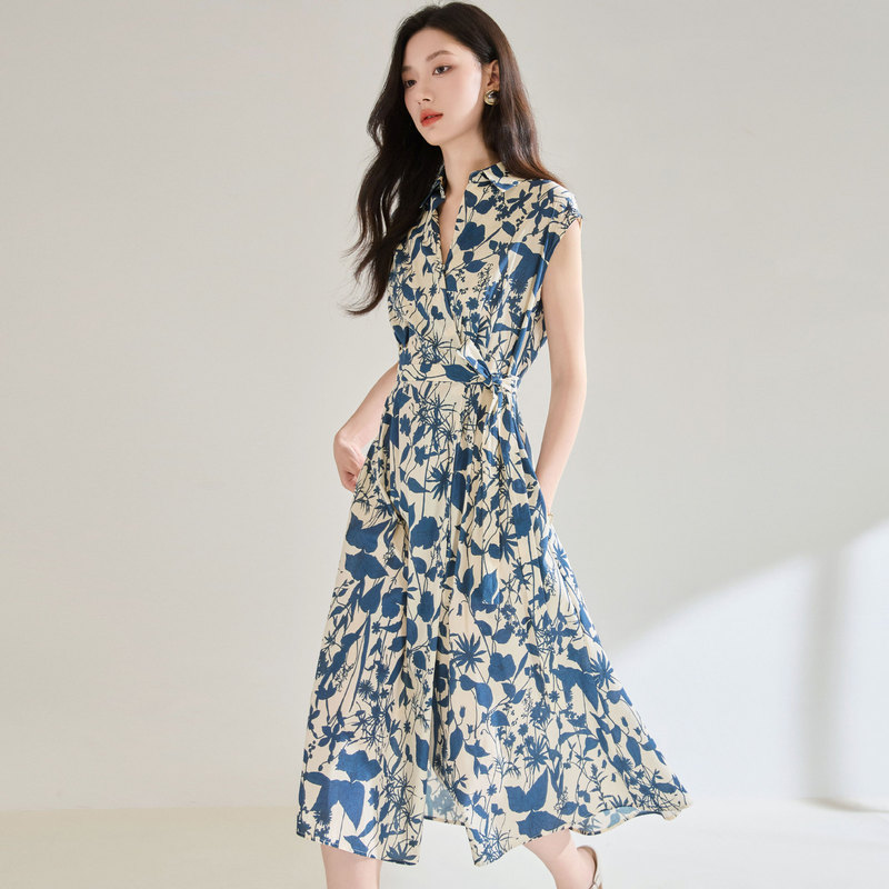 Cotton Floral Dress for Women, Summer 26, Casual Lace-Up Waist-Cinching Sleeveless Blue and White Porcelain Blue Pure Cotton Collared Shirt Dress