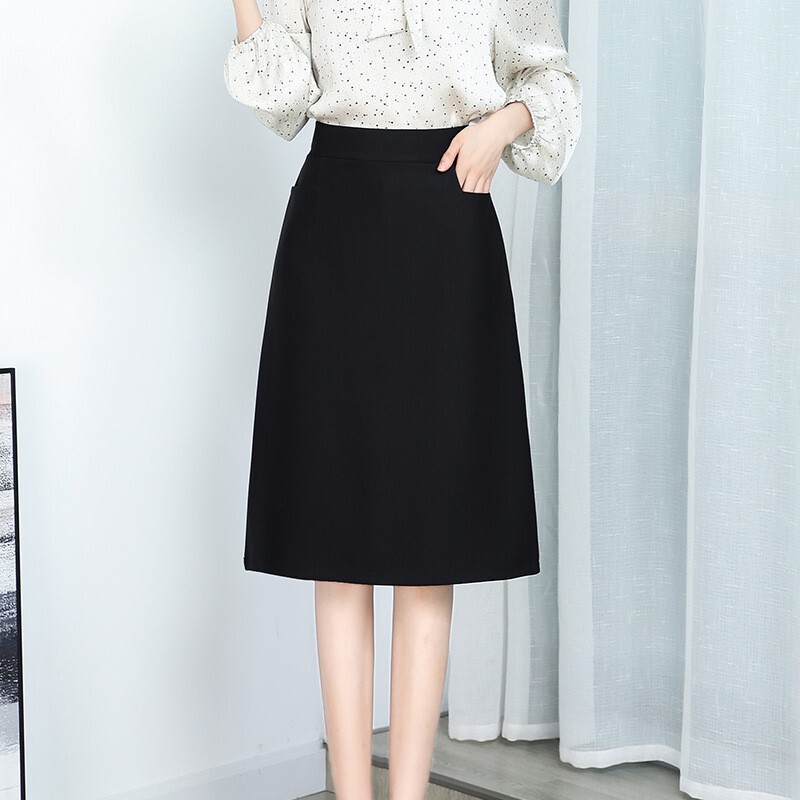 Spring and Autumn Mid-Length A-Line Skirt, High-Waisted Skirt, Anti-Exposure, Professional Work Skirt with Pockets, Over-The-Knee A-Line Skirt for Women, Black 4S Store Skirt