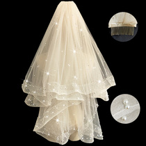 Bride Short Head Yarn Light Champagne Pearl Head Yarn Son Ensemble Retro Super Fairy Net Red Photo Props Head Yarn Headwear