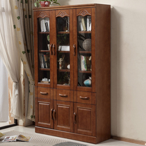 Solid wood bookcase Bookshelf Floor-to-ceiling home study Bedroom small apartment type three doors with door office storage file cabinet