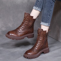 Genuine leather hollowed-out cool boots women spring and summer new Inlan retro round head sandals Soft leather 100 hitch thick heel Martin boots