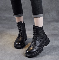 Genuine leather hollowed-out cool boots woman 2022 new head layer of cow leather coarse heel thick bottom short boots retro Inron Leisure Martin boots