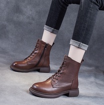 Genuine leather Martin boots ladies retro washed with soft leather cotton boots Inn wind with small thick bottom Fried Street Short Boots Gush