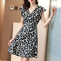 Sandro Beytagh Silk Stretch Satin Small Daisy Floral Dress Female French V-neck A-line thin 2021