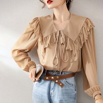 Sandro Beytagh2021 new heavy silk shirt female lace bow shawl collar retro top