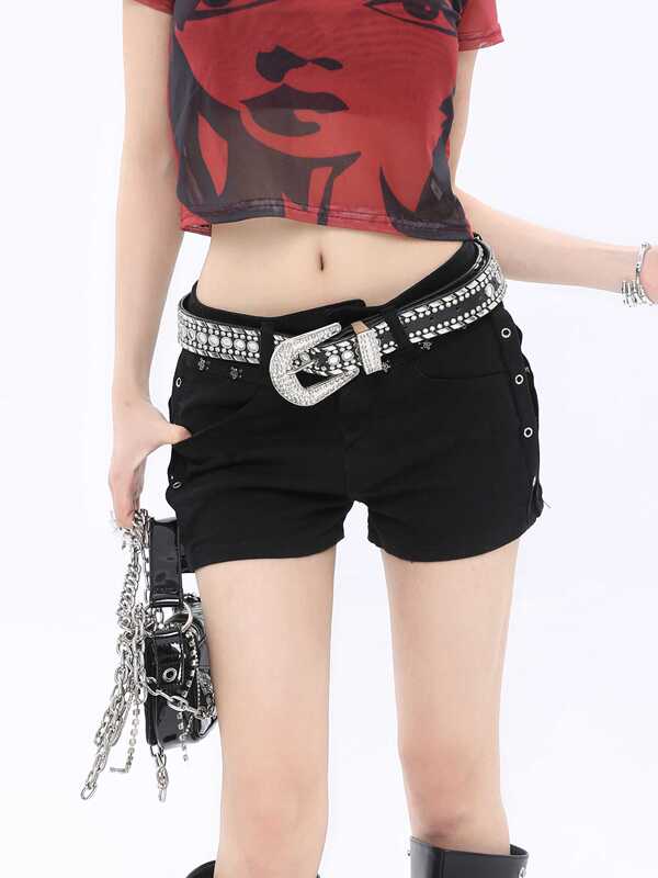 Roy11 Niche Design Black Summer New Sexy Low-Waist Studded Denim Shorts Hot Pants