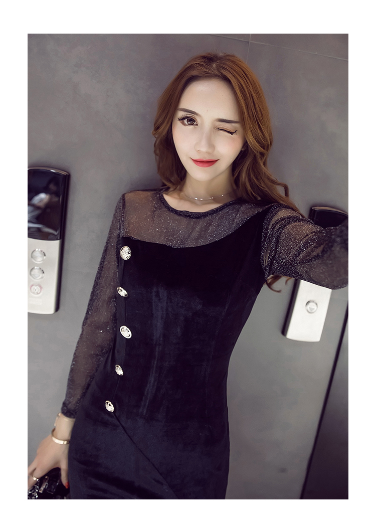 2018 mùa thu đêm mới bên phụ nữ sexy quan điểm ren khâu mỏng đáy váy dài tay áo túi hip váy đầm xòe đẹp