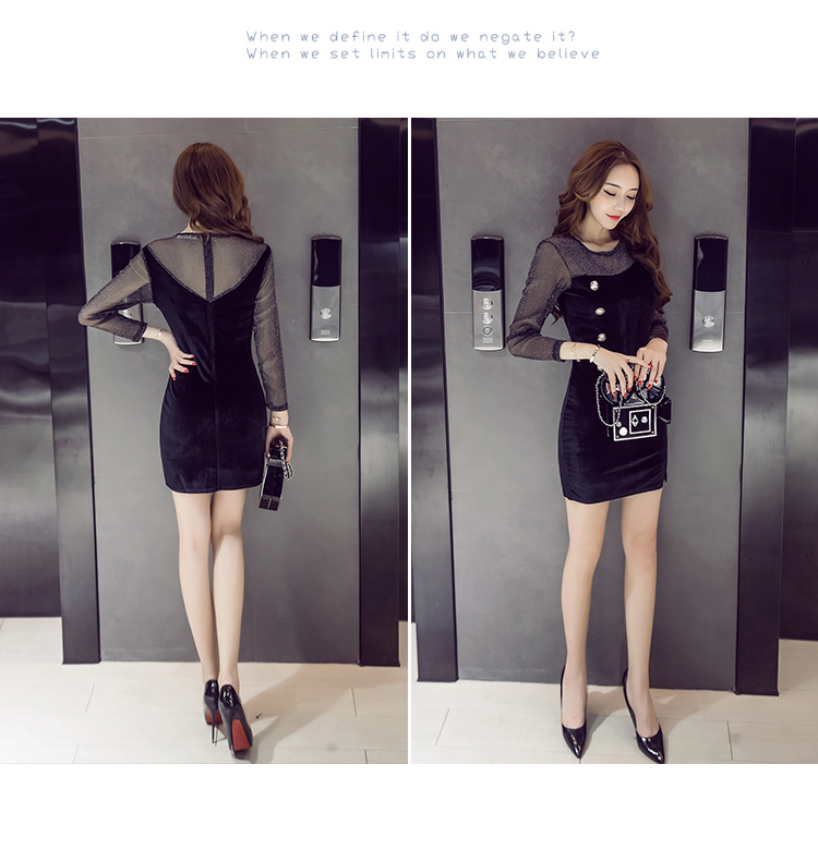 2018 mùa thu đêm mới bên phụ nữ sexy quan điểm ren khâu mỏng đáy váy dài tay áo túi hip váy đầm xòe đẹp