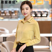 Satin Acetate Shirt Woman Long Sleeve Professional Temperament 2022 Spring New Tooling Snowspinning Blouse Yellow Lining Inch