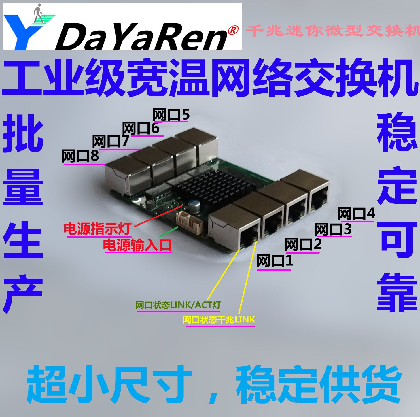 Industrial grade wide temperature POE reverse power supply Mini low power consumption 6 7 eight ports one thousand trillion Internet switch PCBA module