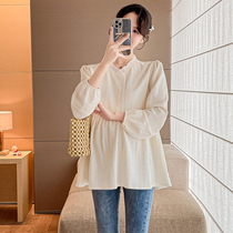 French high-end temperament shirts for spring and autumn new mid-length maternity tops loose belly-covering slim babydoll shirts