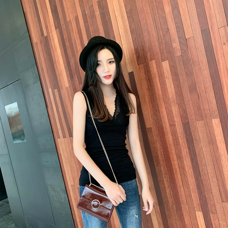 Cộng với nhung dày đồ lót nhiệt gợi cảm sâu V-cổ ren khâu vest dây đeo của phụ nữ không tay đan đáy áo áo khoác jean nữ