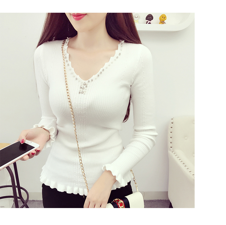 Mùa thu và mùa đông phụ nữ mới đính cườm cổ chữ V bằng gỗ xoắn tay áo len dài tay Áo len ngắn chạm đáy áo thủy triều áo len lông