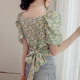 Chiffon short-sleeved shirt women's summer 2023 new French short top design sense niche v-neck puff sleeve shirt