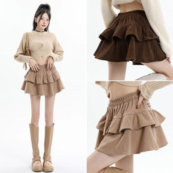 Corduroy Short Skirt for Women, New Autumn and Winter Style, Elastic High-Waisted A-Line Pleated Skirt, Anti-Exposure Puffy Cake Skirt
