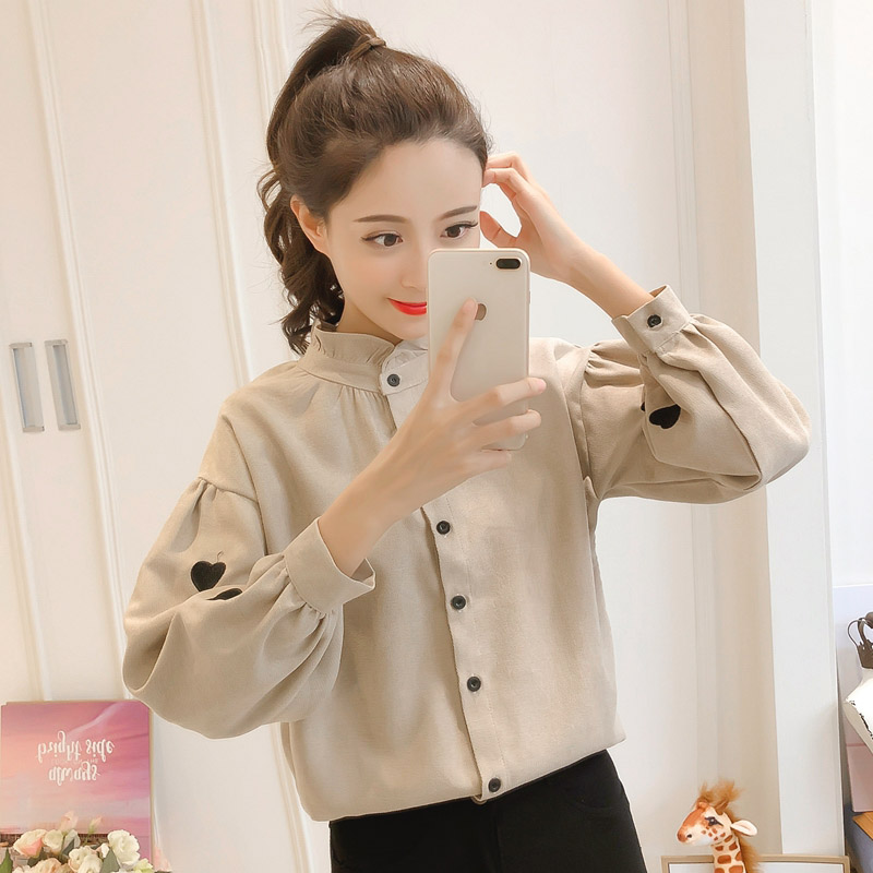 Autumn tops 2022 new doll shirts Korean fan love shirts semi-high collar lantern sleeves bottoming shirts women's tide