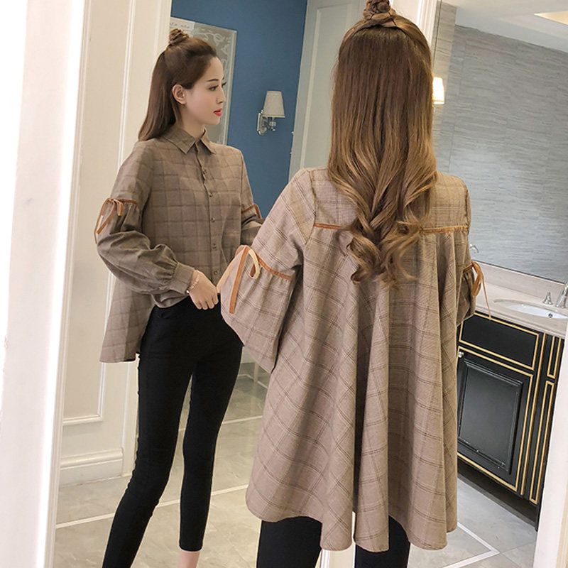 Baby shirt top fluffy Korean version loose and sweet a-word hem Western style retro student plaid shirt long-sleeved tide