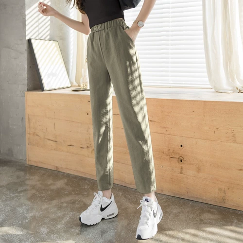 Шелковые тонкие приталенные штаны для отдыха, из хлопка и льна, оверсайз, высокая талия, свободный прямой крой