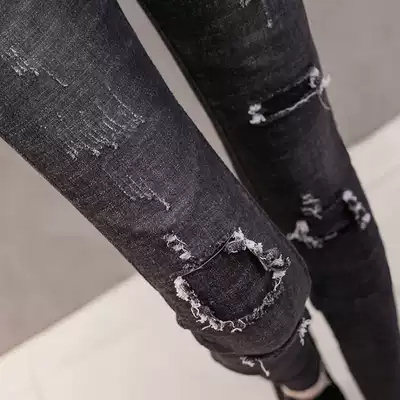 Black jeans women's hole trousers autumn 2021 New slim tight tight-fitting pants high waist stretch pants
