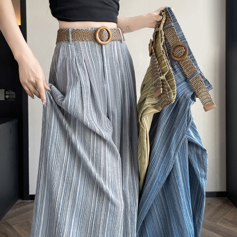 Vintage Vertical Striped Linen Wide-Leg Pants for Women, Summer Thin Straight-Leg Drape Suit Pants, Loose Slimming Casual Pants