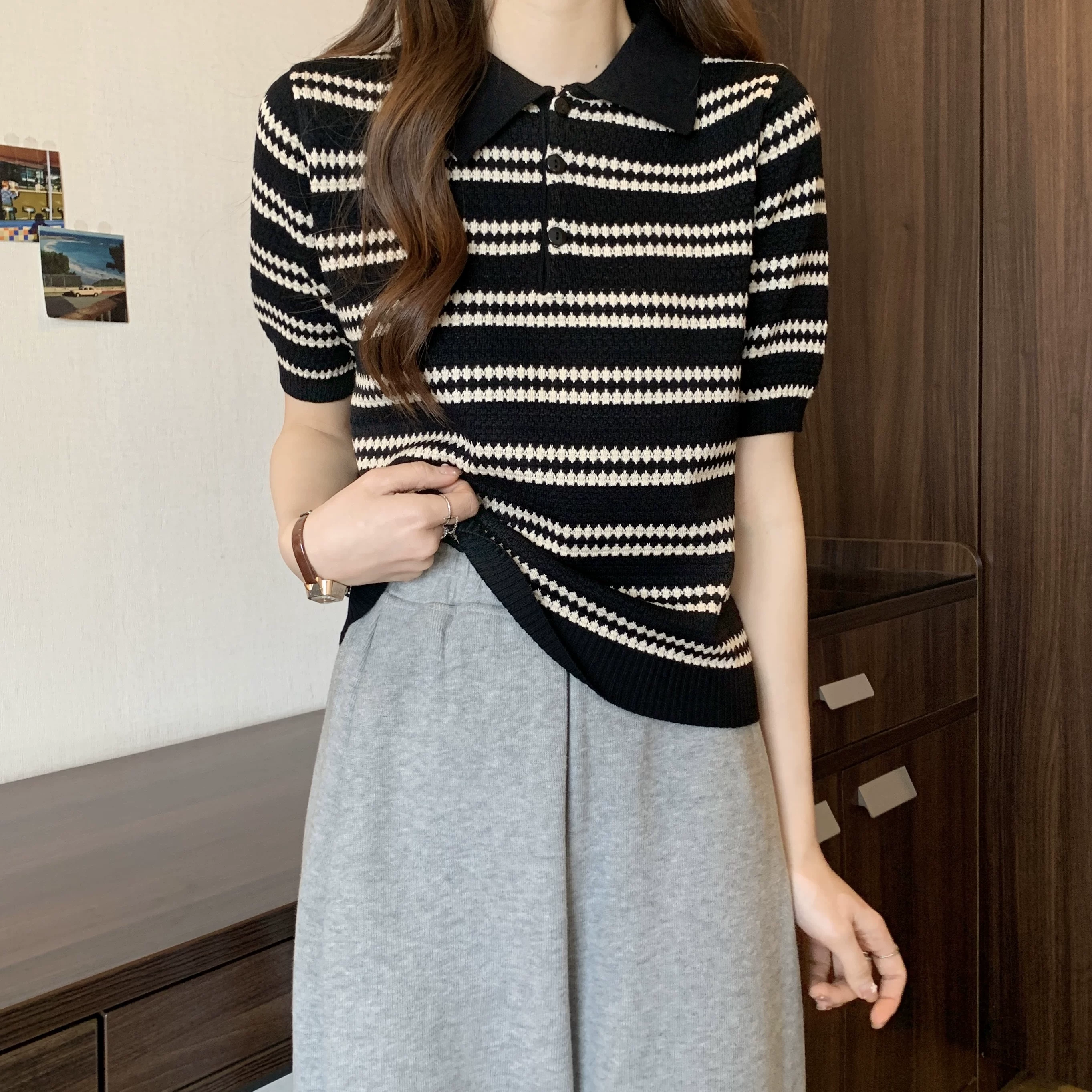 Шелковая тонкая дышащая футболка с short sleeve, вязаный свитер, стиль Chanel, свободный крой, высокий воротник
