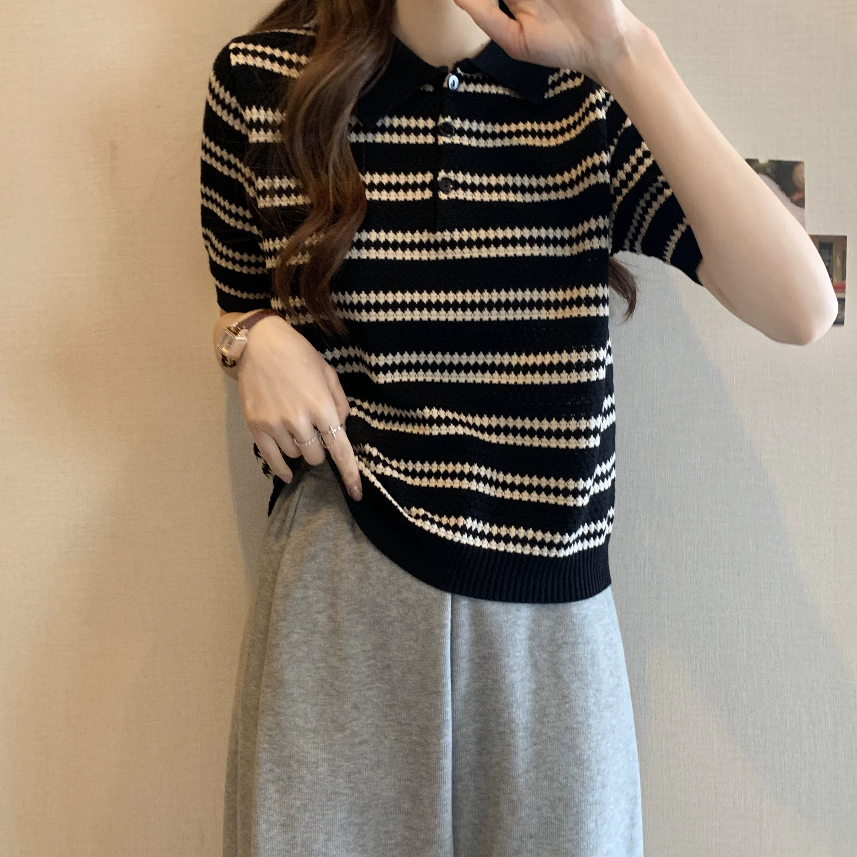 Шелковая тонкая дышащая футболка с short sleeve, вязаный свитер, стиль Chanel, свободный крой, высокий воротник