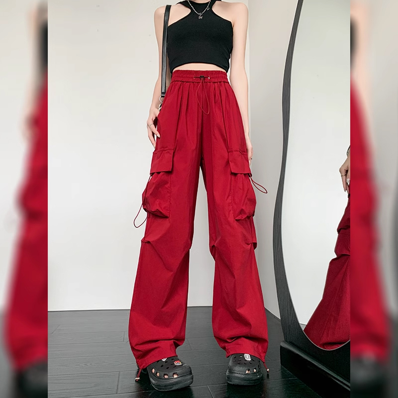 American-Style Red Quick-Drying Cargo Pants for Women, Summer Thin High-Waisted Loose Jogger Casual Wide-Leg Sweatpants